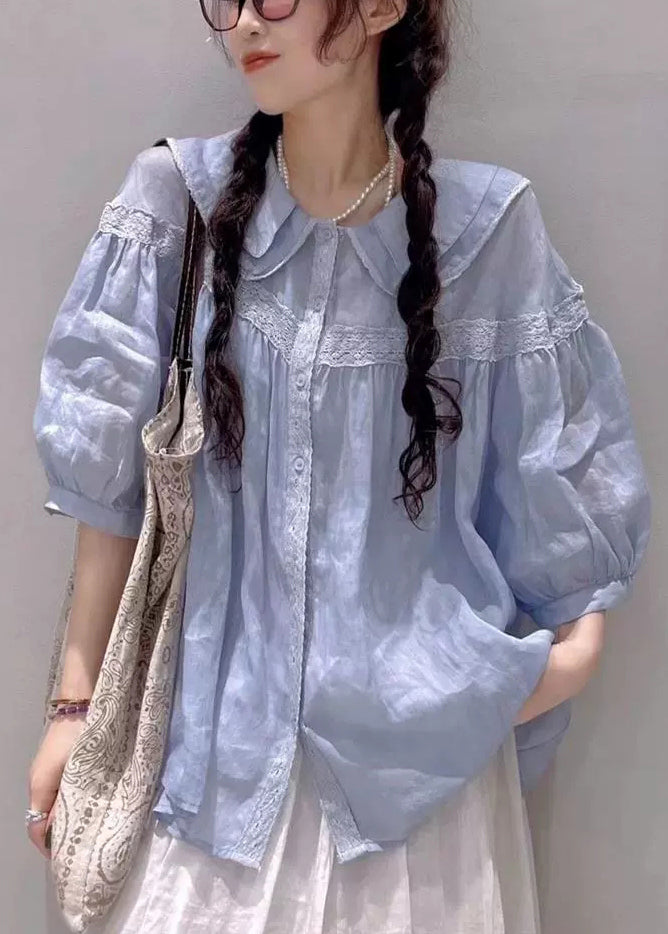 Collar Half Blouses White Pan Peter Cotton Sleeve Plus Size Lace