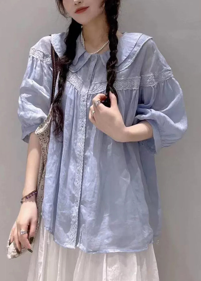 Collar Half Blouses White Pan Peter Cotton Sleeve Plus Size Lace