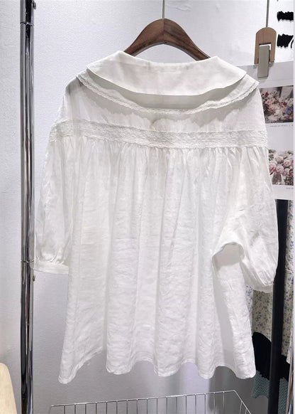 Collar Half Blouses White Pan Peter Cotton Sleeve Plus Size Lace