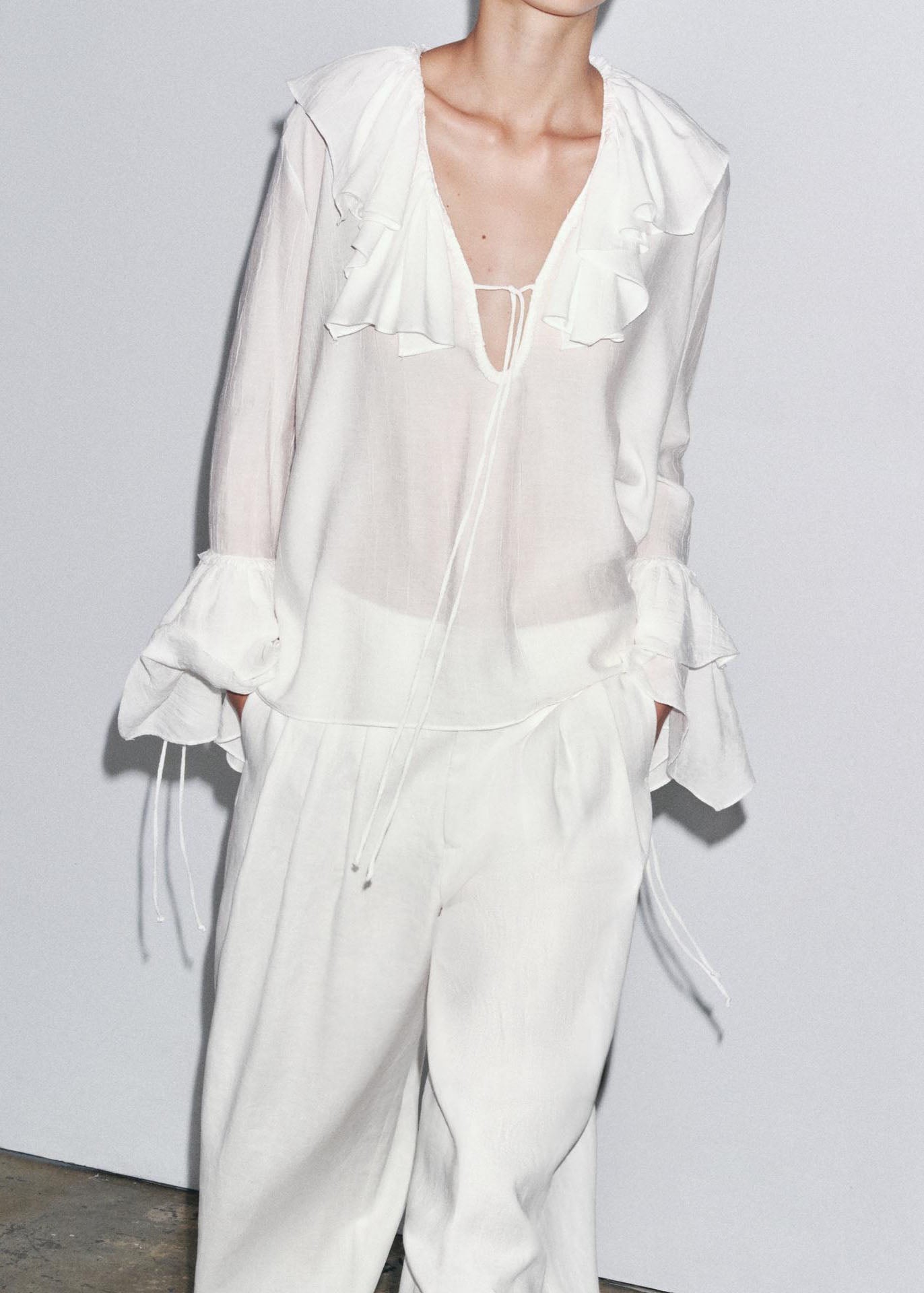 Neck Ruffled Top V Size Chiffon Patchwork White Plus Fall