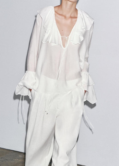 Neck Ruffled Top V Size Chiffon Patchwork White Plus Fall