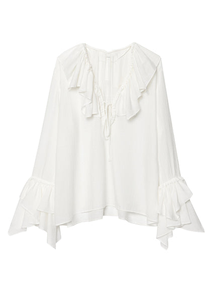 Neck Ruffled Top V Size Chiffon Patchwork White Plus Fall