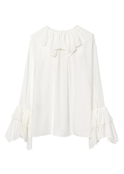 Neck Ruffled Top V Size Chiffon Patchwork White Plus Fall