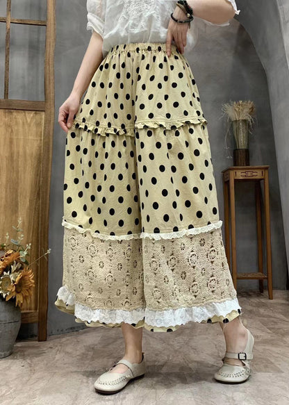 Plus Size Yellow Dot Print Ruffled Patchwork Elastic Waist Crop Wide Leg Pants VV067