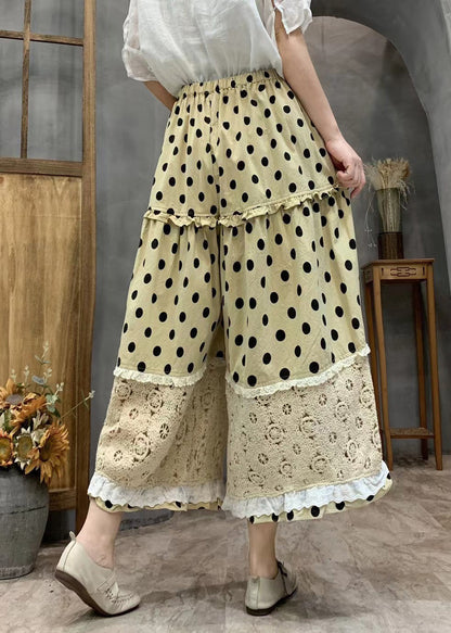 Plus Size Yellow Dot Print Ruffled Patchwork Elastic Waist Crop Wide Leg Pants VV067