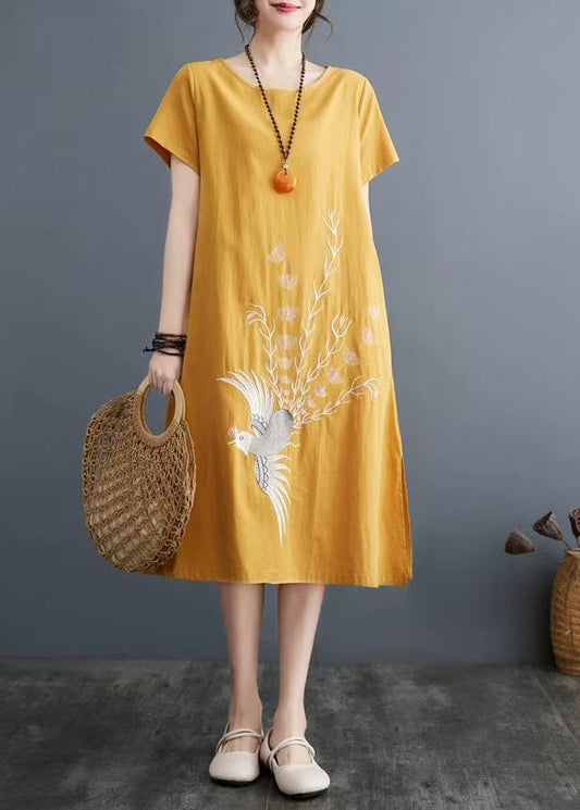 Embroidered Linen Dress Line Size A Plus Summer Yellow