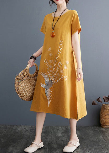 Embroidered Linen Dress Line Size A Plus Summer Yellow