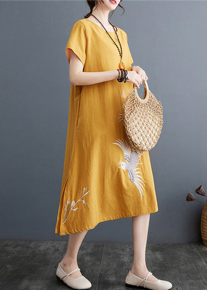 Embroidered Linen Dress Line Size A Plus Summer Yellow
