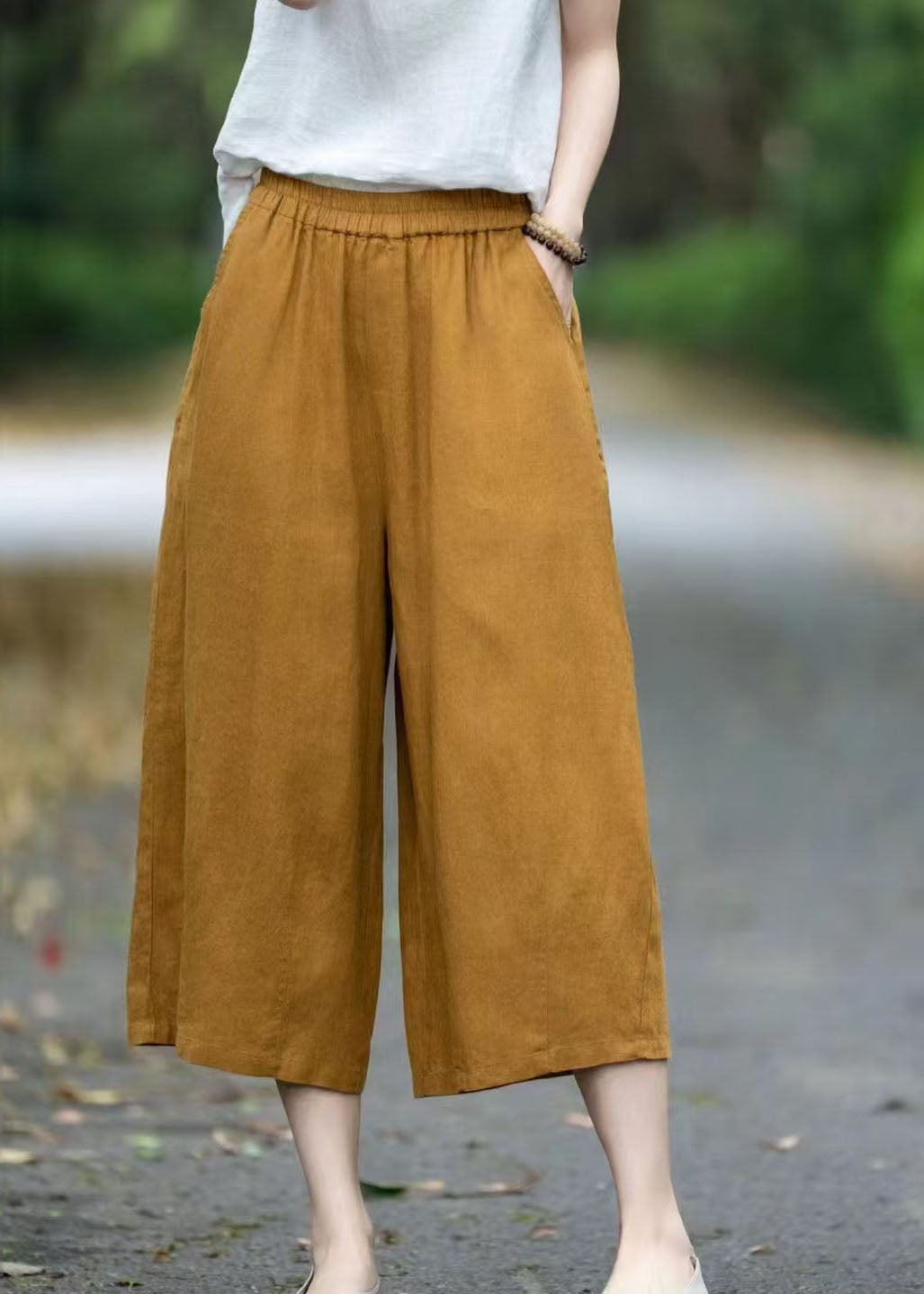 Linen Size Pants Summer Pockets Yellow Plus Oversized