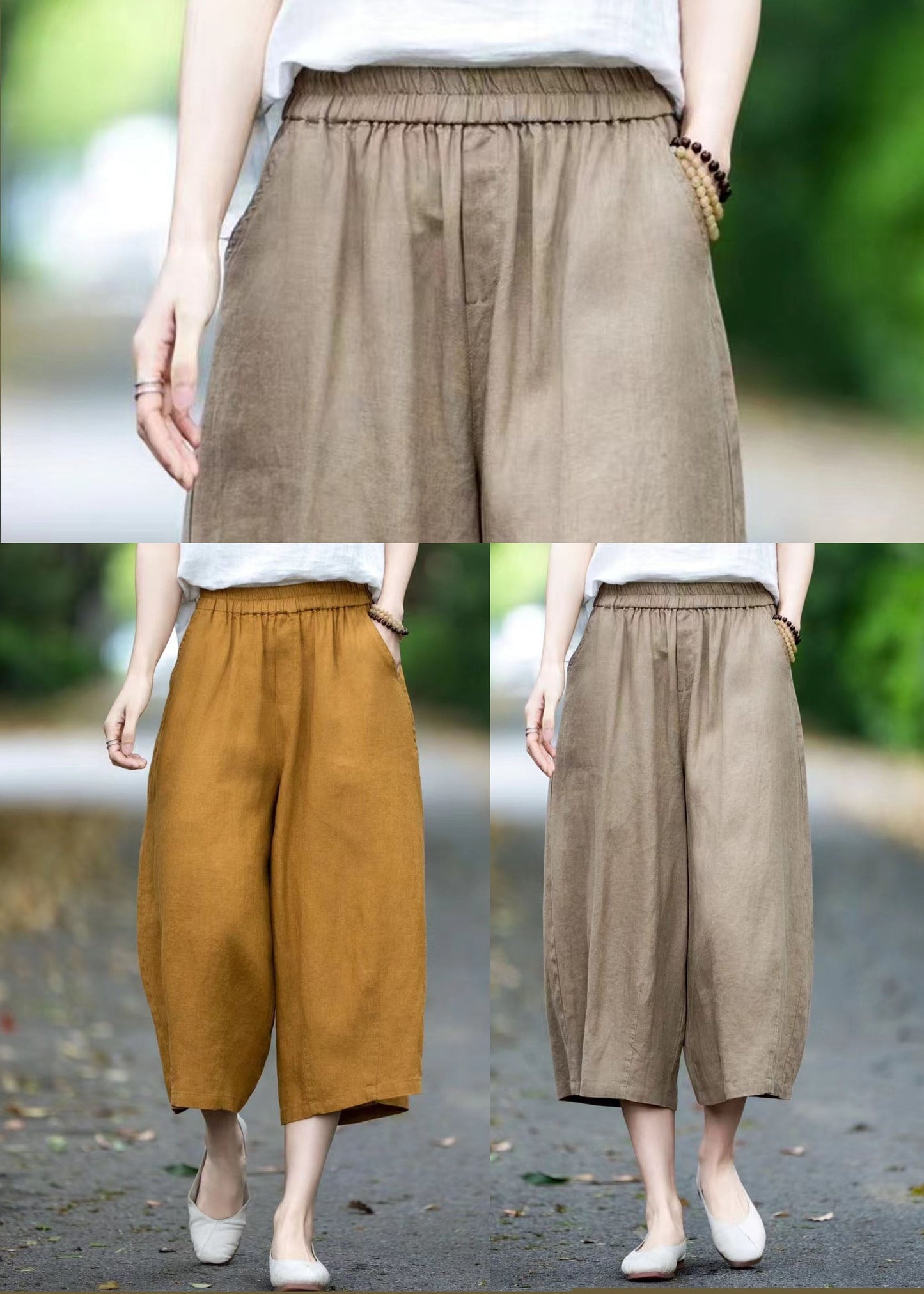 Linen Size Pants Summer Pockets Yellow Plus Oversized