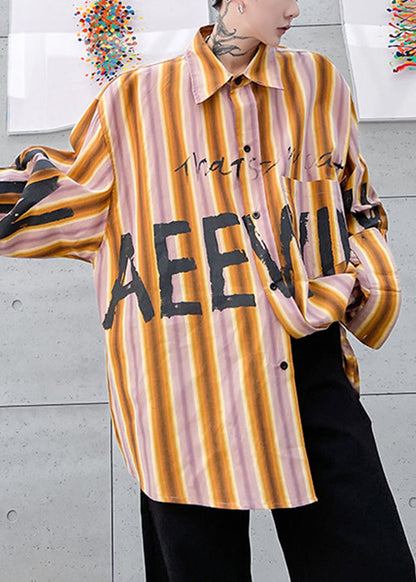 High Shirt Design Yellow Low Plus Letter Striped Men Cotton Size