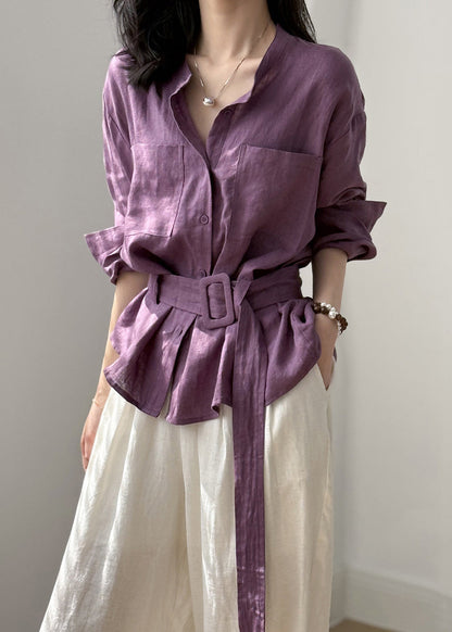 Purple Top O Neck Linen Button Pockets Shirt