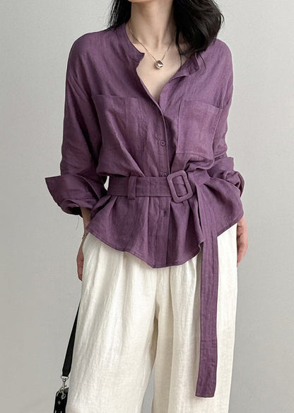 Purple Top O Neck Linen Button Pockets Shirt