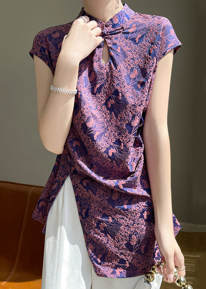 Purple Button Print Silk Blouses Stand Collar Short Sleeve AB1006