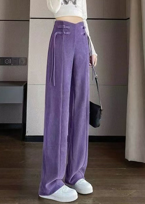 Purple Button Solid Corduroy Pants Elastic Waist Spring RH004