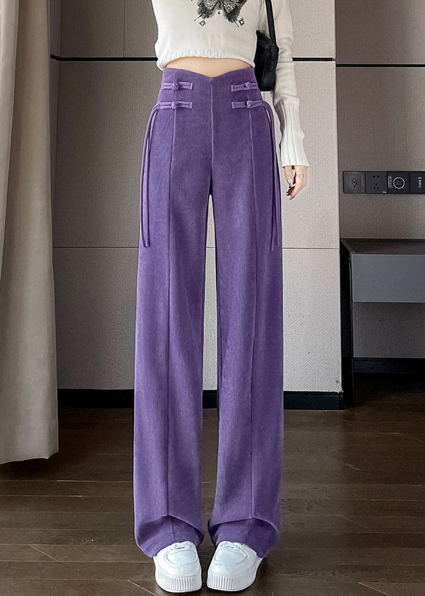 Purple Button Solid Corduroy Pants Elastic Waist Spring RH004