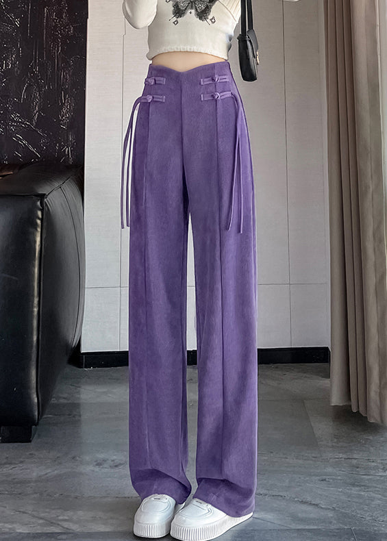 Purple Button Solid Corduroy Pants Elastic Waist Spring RH004