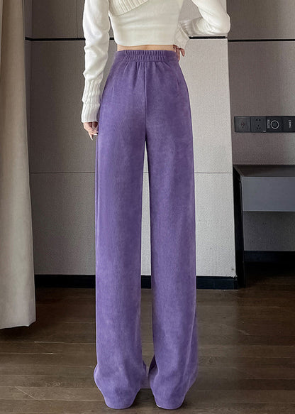 Purple Button Solid Corduroy Pants Elastic Waist Spring RH004