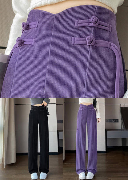 Purple Button Solid Corduroy Pants Elastic Waist Spring RH004