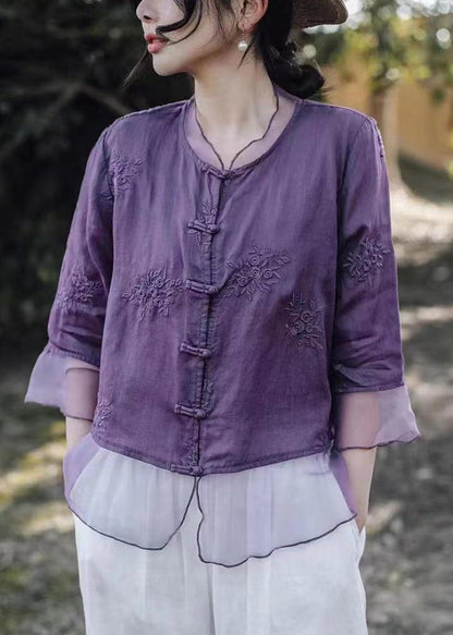 Purple Button Tulle Patchwork Blouses Embroidered Summer VV098