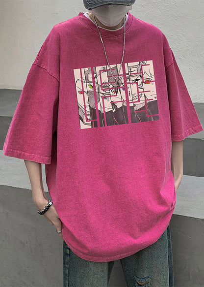 Half Sleeve T Cartoon Neck Cotton Purple Mens Shirts O Print