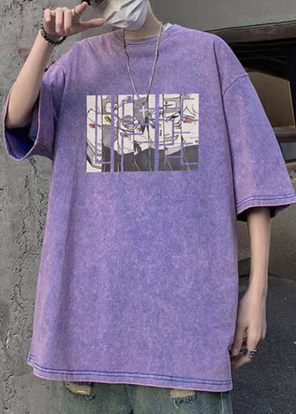 Half Sleeve T Cartoon Neck Cotton Purple Mens Shirts O Print