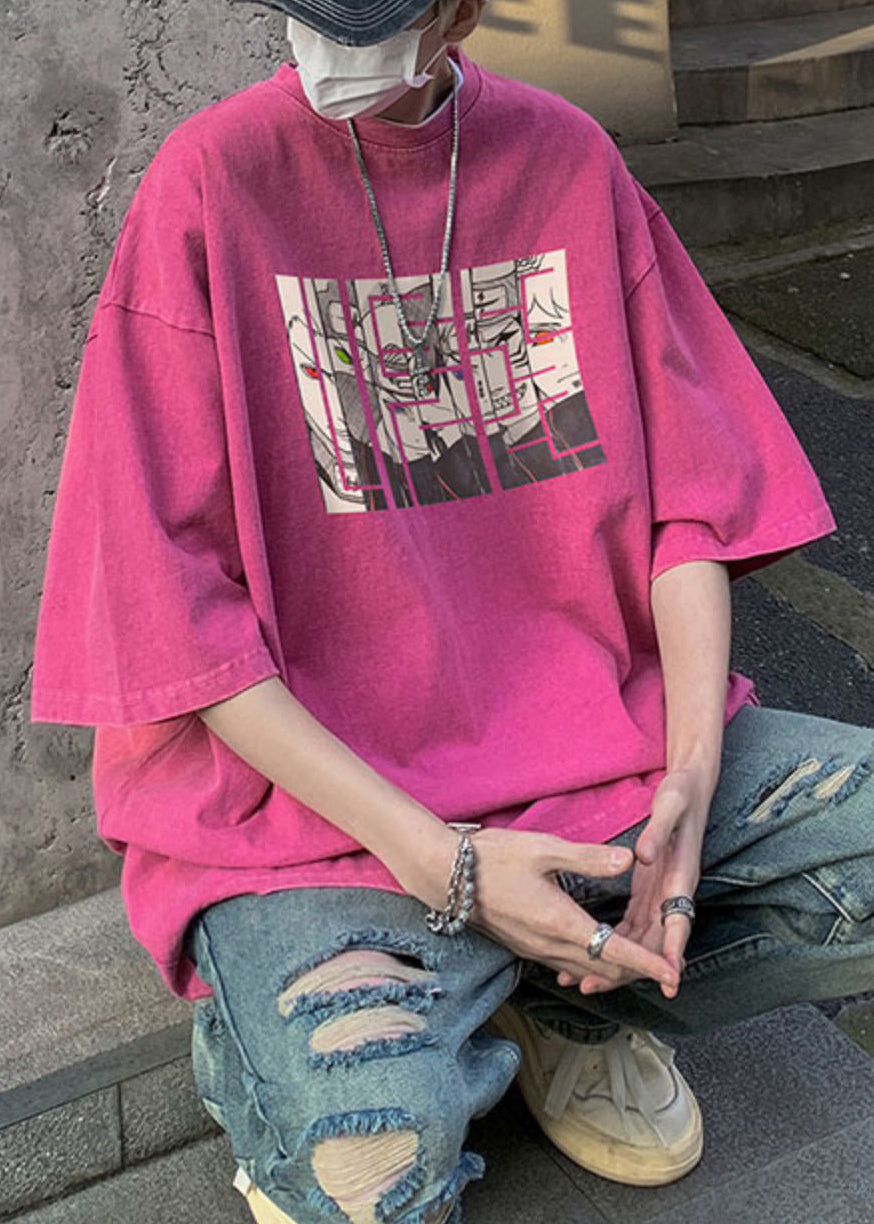 Half Sleeve T Cartoon Neck Cotton Purple Mens Shirts O Print