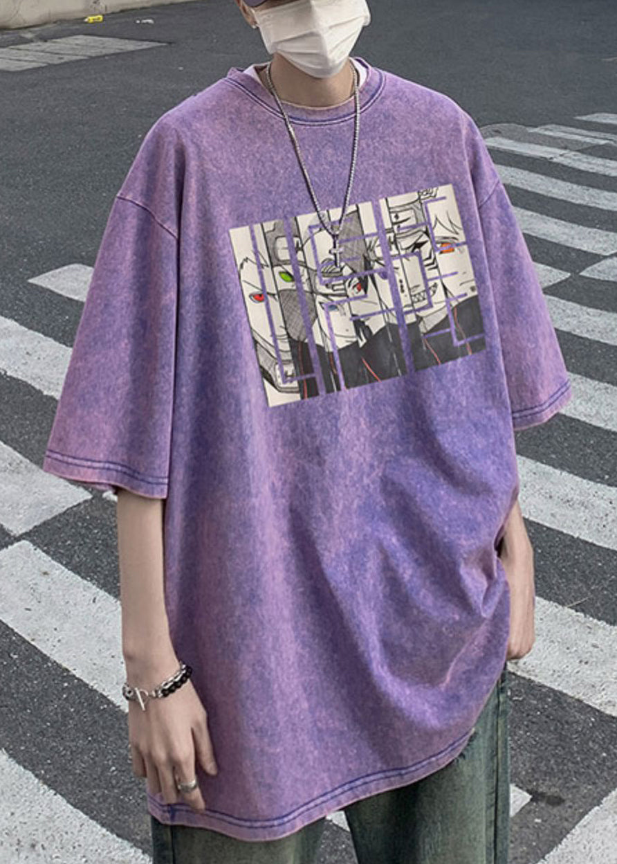 Half Sleeve T Cartoon Neck Cotton Purple Mens Shirts O Print