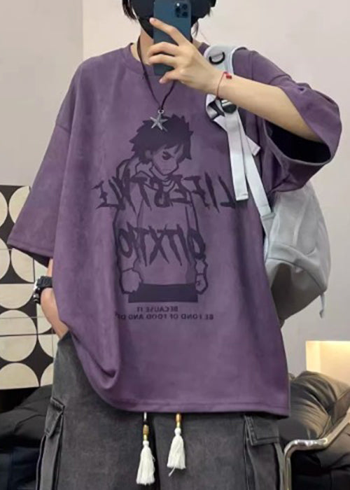 Faux Print Cartoon O T Shirts Men's Half Suede Neck Sleeve Purple
