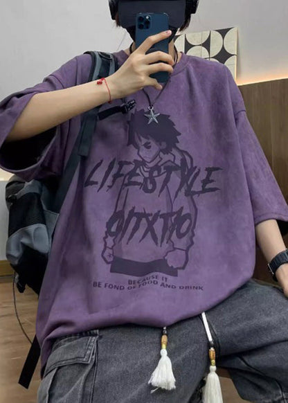Faux Print Cartoon O T Shirts Men's Half Suede Neck Sleeve Purple