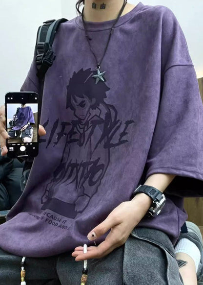 Faux Print Cartoon O T Shirts Men's Half Suede Neck Sleeve Purple