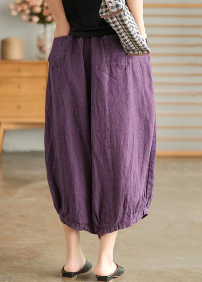 Pantalon large en lin violet à taille élastique VV097