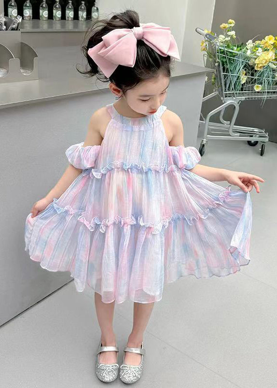 Lila Lace Up Chiffon Sommer Kinder Mädchen Kleider Rüschen EW063