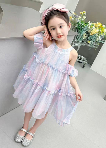 Lila Lace Up Chiffon Sommer Kinder Mädchen Kleider Rüschen EW063