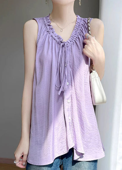 Cotton Solid Purple Up Ruffled Blouses Summer Lace