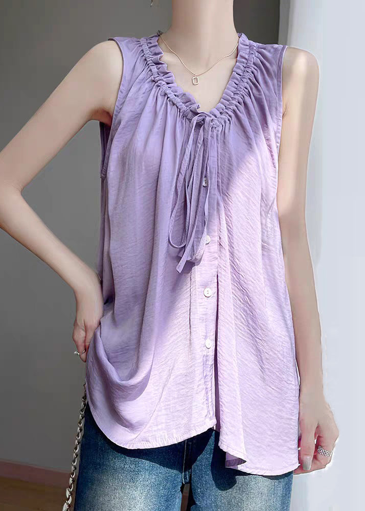 Cotton Solid Purple Up Ruffled Blouses Summer Lace