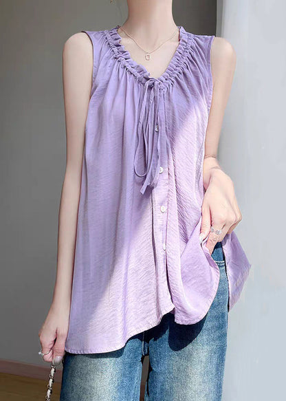 Cotton Solid Purple Up Ruffled Blouses Summer Lace