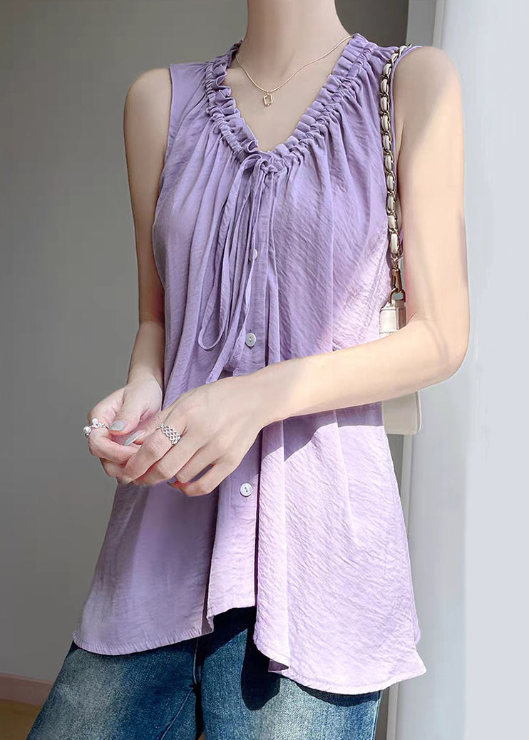 Cotton Solid Purple Up Ruffled Blouses Summer Lace