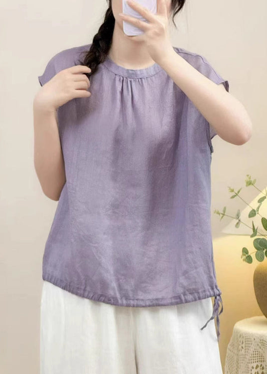 Solid O Linen Lace Purple Up Shirts Neck Summer