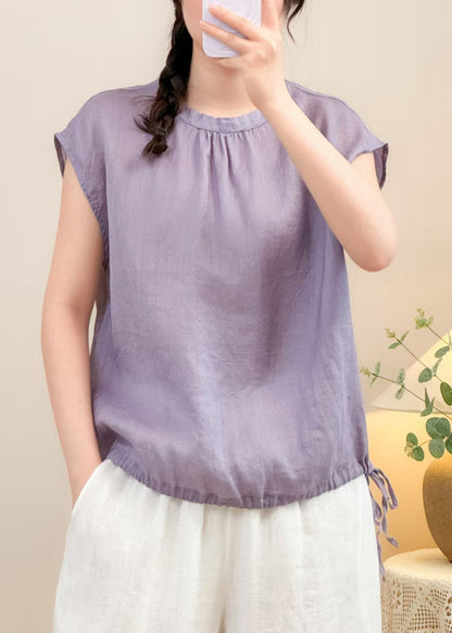 Solid O Linen Lace Purple Up Shirts Neck Summer