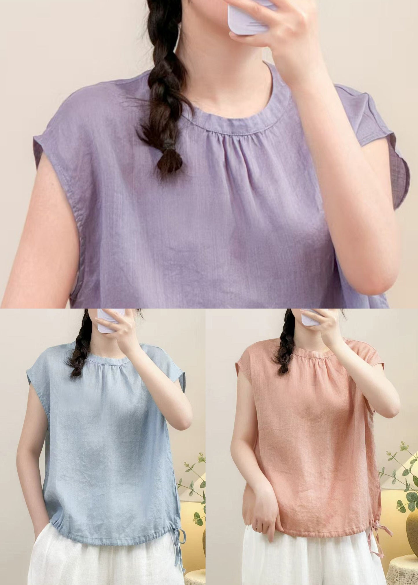 Solid O Linen Lace Purple Up Shirts Neck Summer