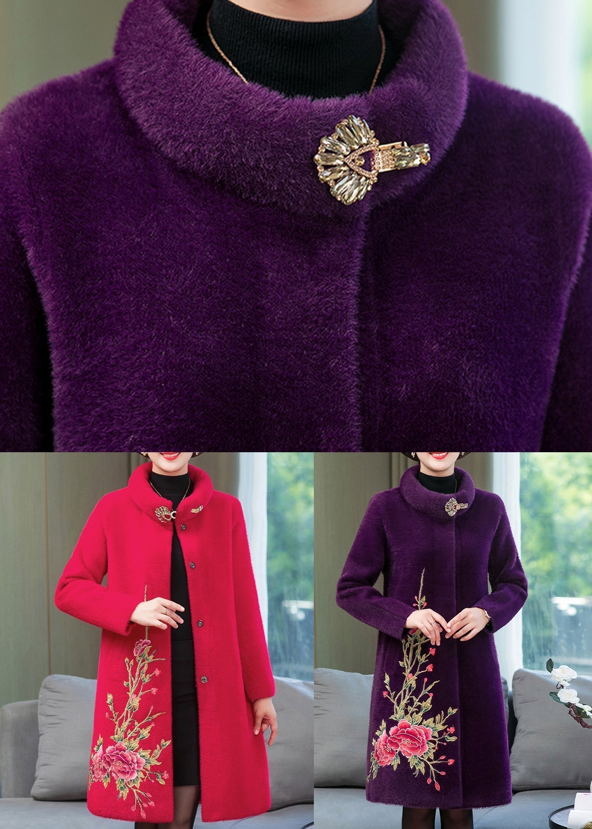 Purple Mink Velvet Long Coats Print Button Spring TA032