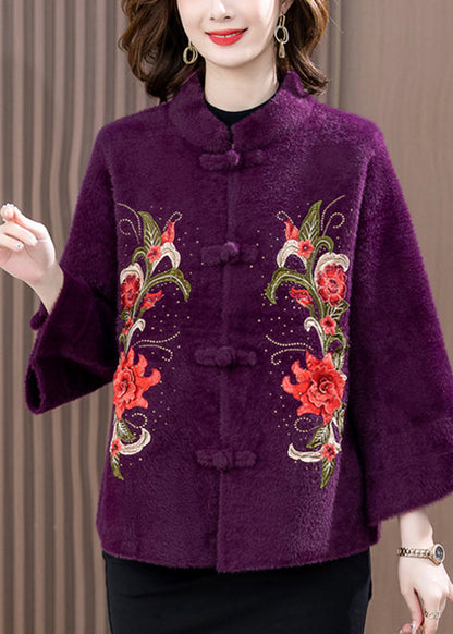 Purple Mink Velvet Woolen Coat Button Spring TA020