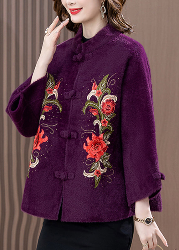 Purple Mink Velvet Woolen Coat Button Spring TA020