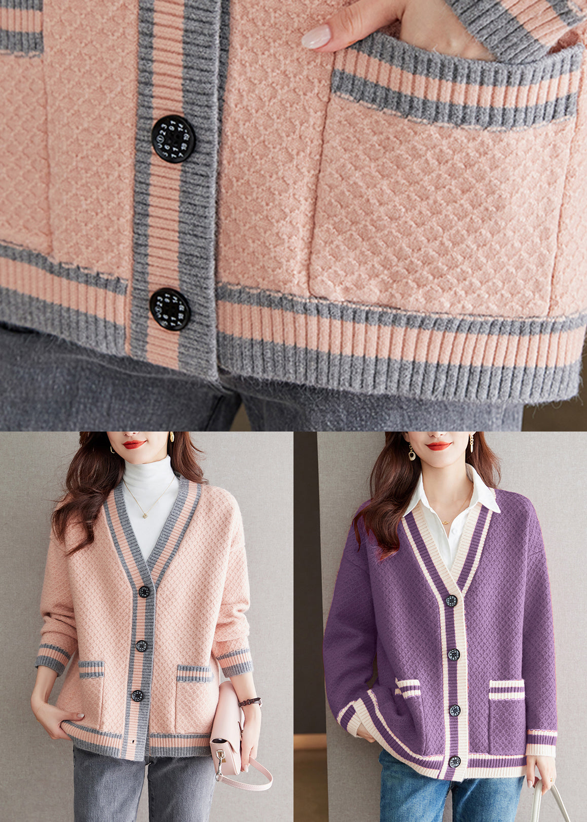 Gemütliche Patchwork-Strickjacke mit V-Ausschnitt und violetten Taschen QS024