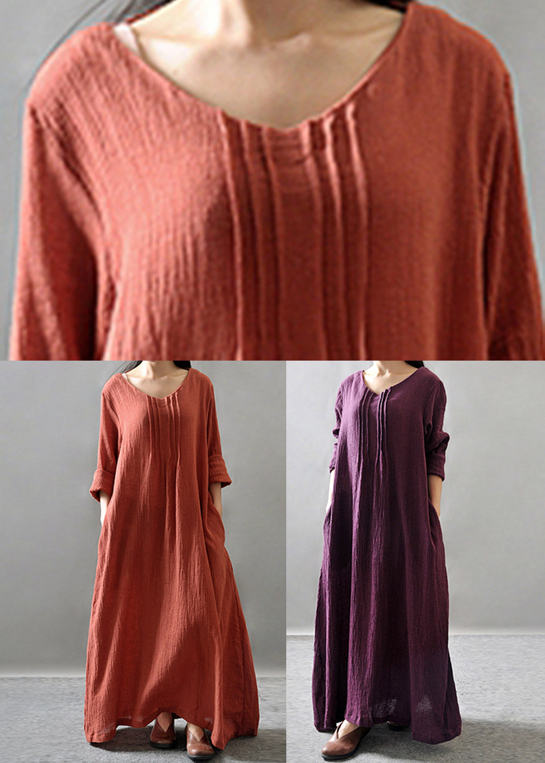 Purple Pockets Maxi Dresses Long Sleeve VV029