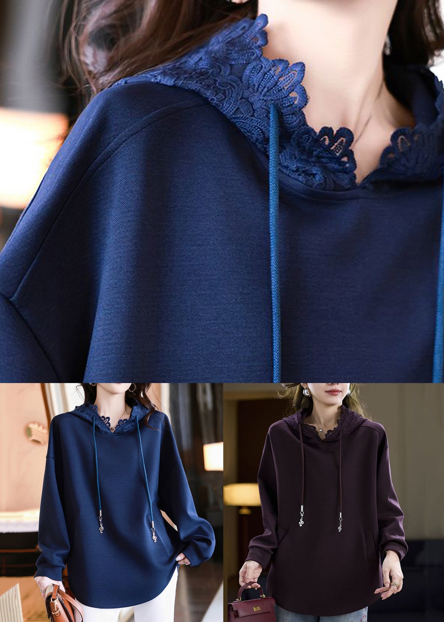 Cotton Pockets Hooded Fall Purple Sweatshirts Solid