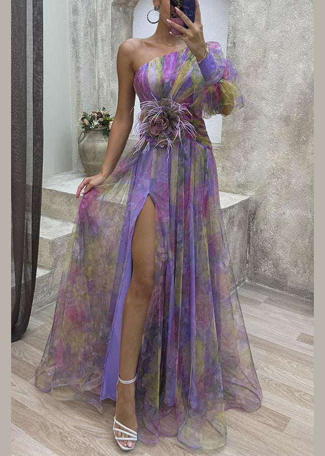 Dress Chiffon Purple Summer Open Shoulder Print Side One