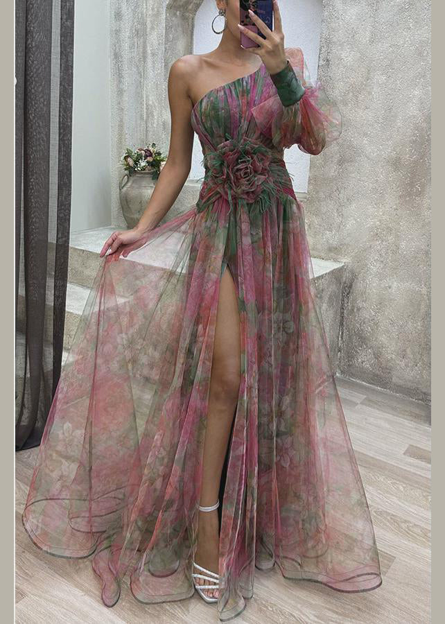 Dress Chiffon Purple Summer Open Shoulder Print Side One