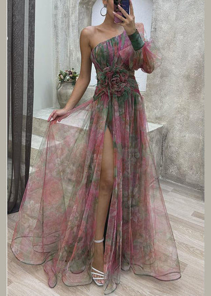 Dress Chiffon Purple Summer Open Shoulder Print Side One